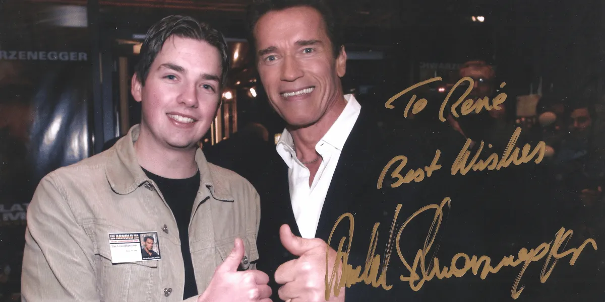 René met Arnold Schwarzenegger